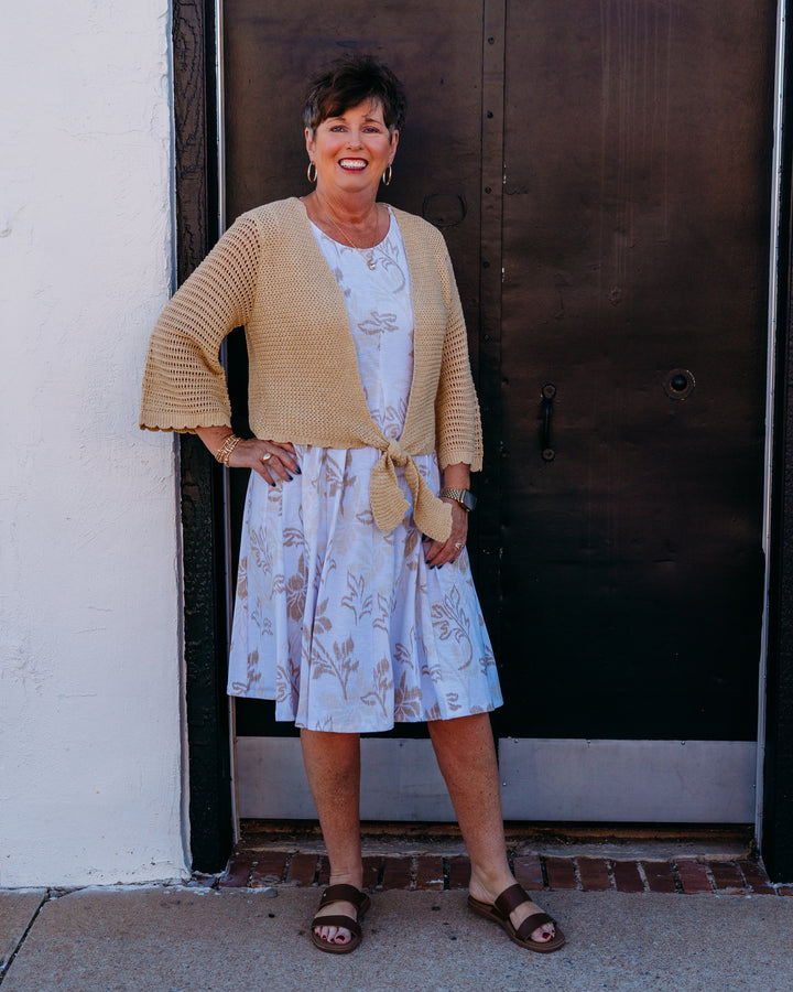 Multiples: 3/4 Sleeve Tie Front Waist Sweater Cardigan in Oatmeal (M26105KM)