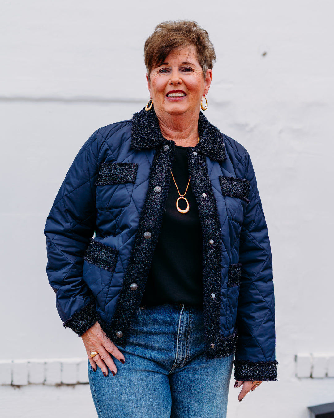 French Dressing Jeans: Indigo Quilted Sparkle Tweed Jacket 1458209 - The Vogue Boutique