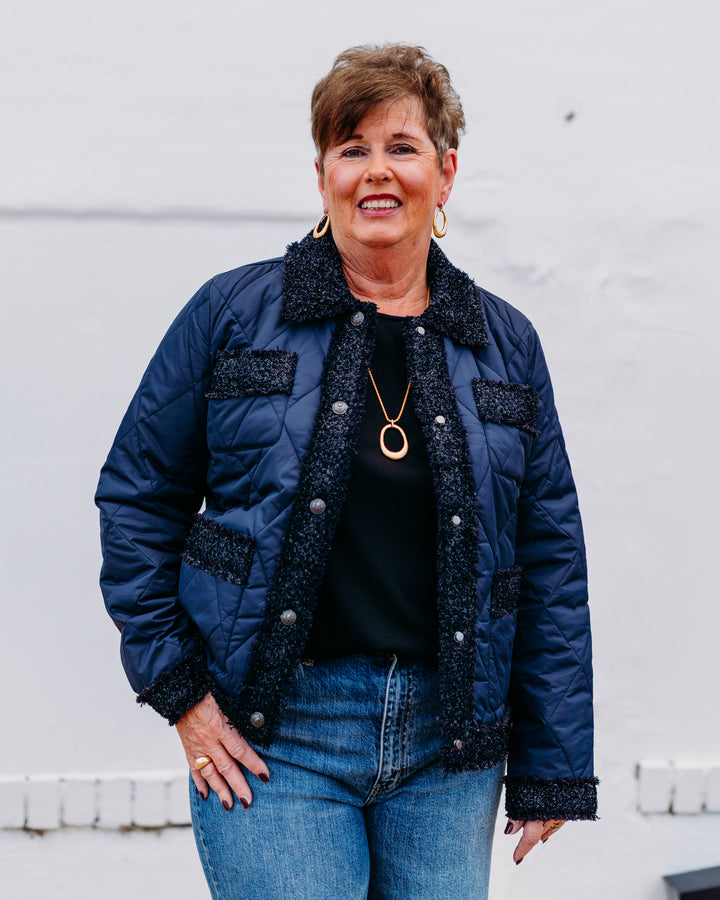 French Dressing Jeans: Indigo Quilted Sparkle Tweed Jacket 1458209 - The Vogue Boutique