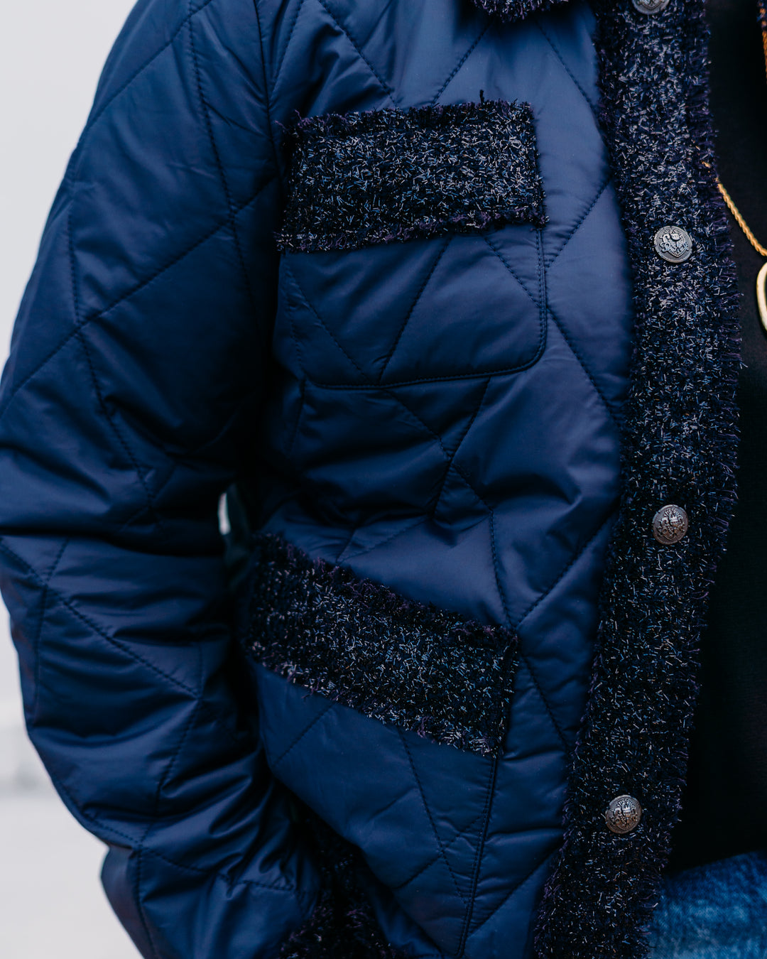 French Dressing Jeans: Indigo Quilted Sparkle Tweed Jacket 1458209 - The Vogue Boutique