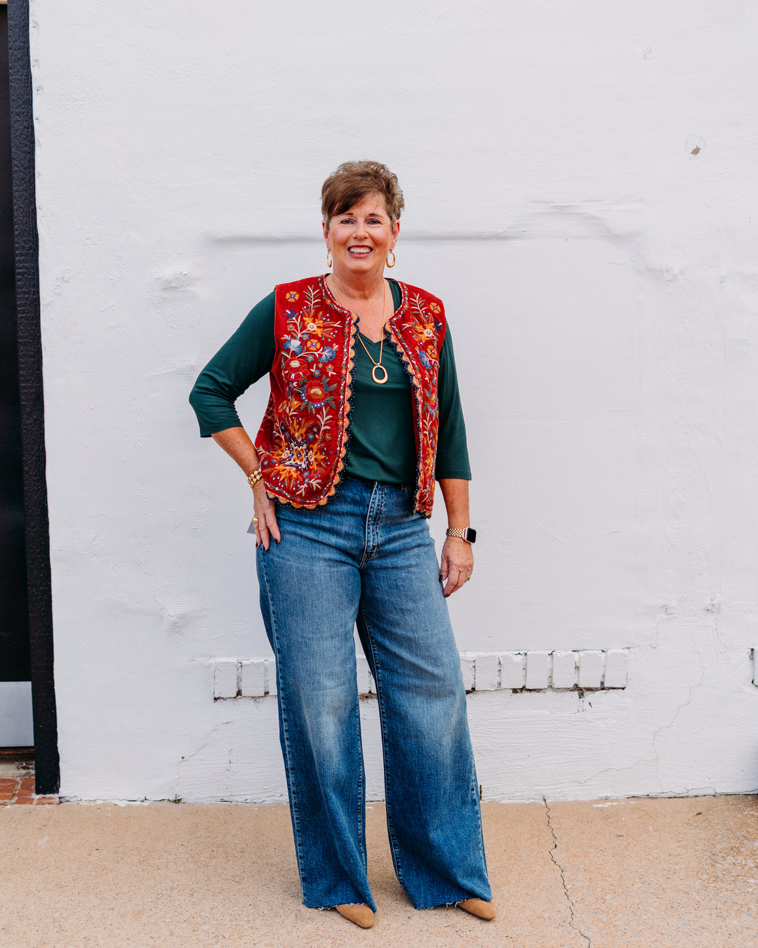 John Mark: Embellished Velvet Vest W/ Plaid Patched Back - The Vogue Boutique