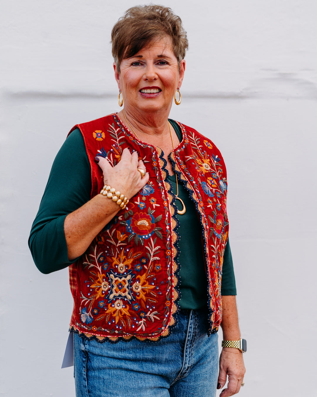 John Mark: Embellished Velvet Vest W/ Plaid Patched Back - The Vogue Boutique