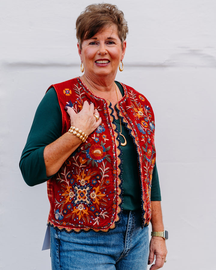 John Mark: Embellished Velvet Vest W/ Plaid Patched Back - The Vogue Boutique
