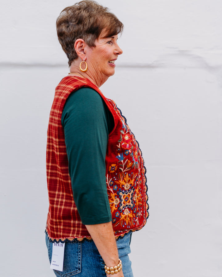 John Mark: Embellished Velvet Vest W/ Plaid Patched Back - The Vogue Boutique