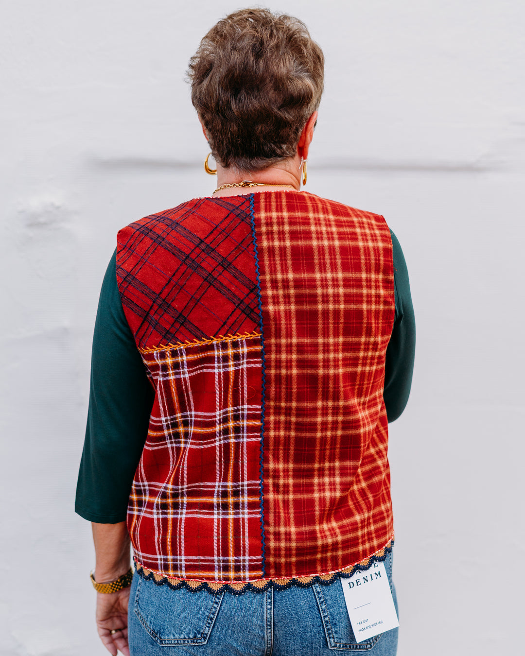 John Mark: Embellished Velvet Vest W/ Plaid Patched Back - The Vogue Boutique