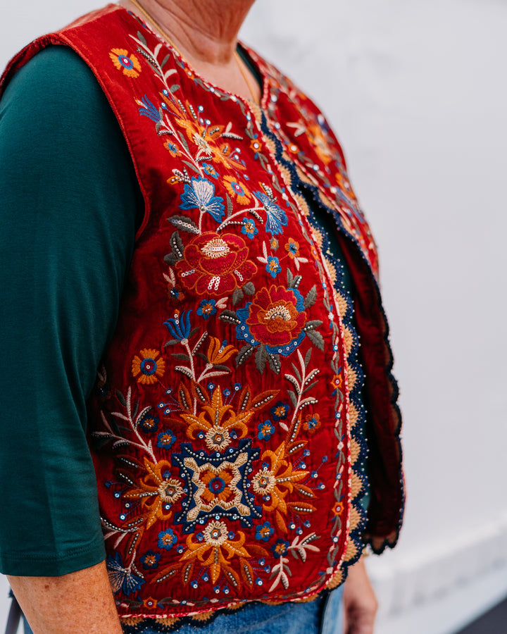 John Mark: Embellished Velvet Vest W/ Plaid Patched Back - The Vogue Boutique