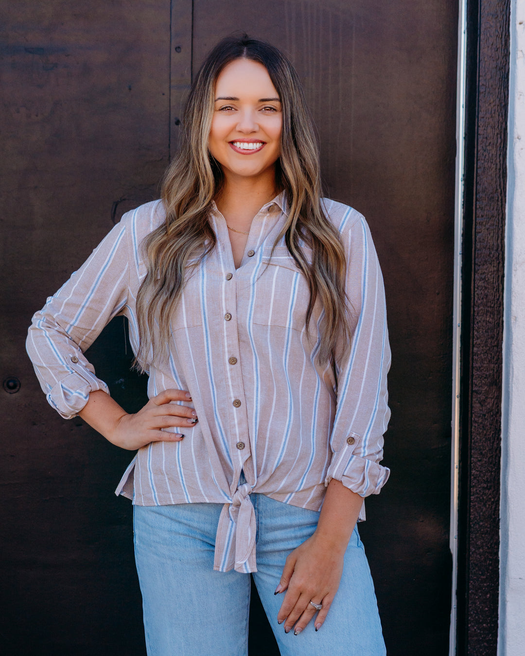 Multiples: Roll Tab Long Sleeve Drop Shoulder Tie Waist Button Front Shirt in Multi (M26412BM)