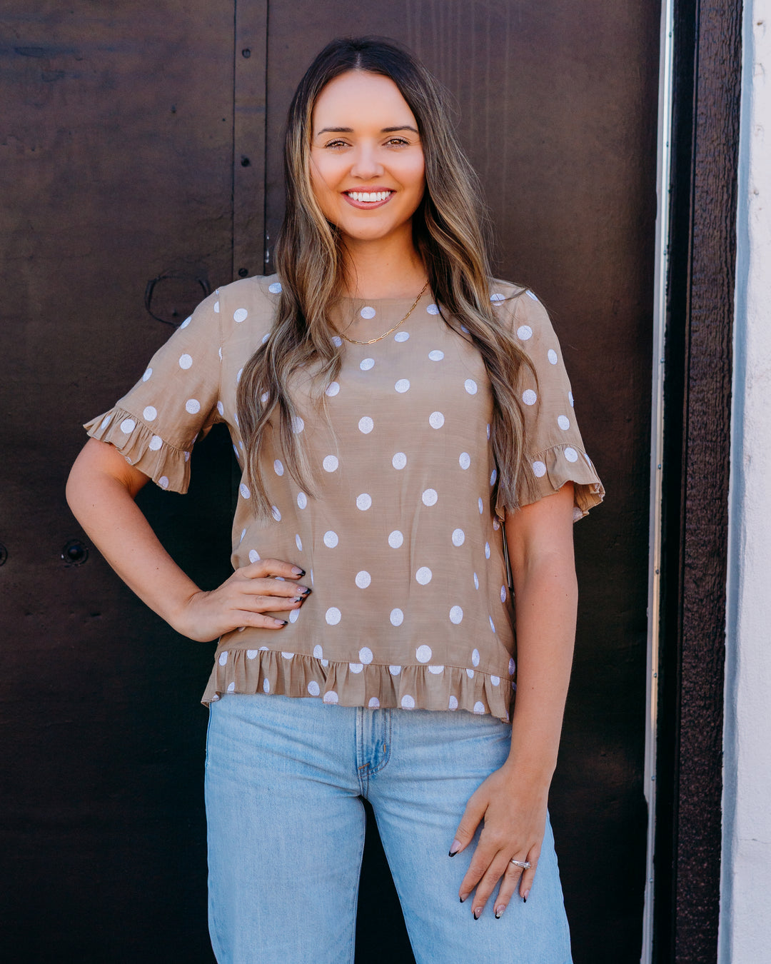 Multiples: Scoop Neck Ruffle Hi-Lo Button Top in Khaki (M26403TM) - The Vogue Boutique