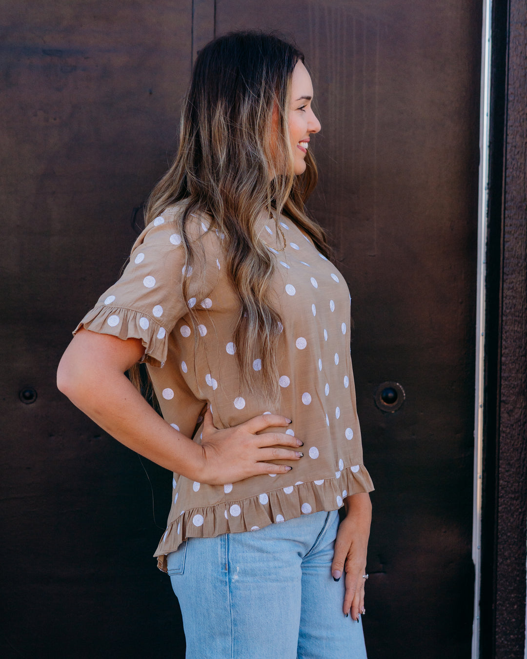 Multiples: Scoop Neck Ruffle Hi-Lo Button Top in Khaki (M26403TM) - The Vogue Boutique