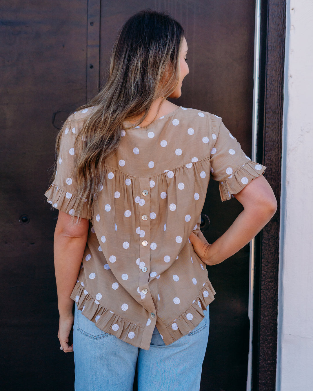 Multiples: Scoop Neck Ruffle Hi-Lo Button Top in Khaki (M26403TM) - The Vogue Boutique