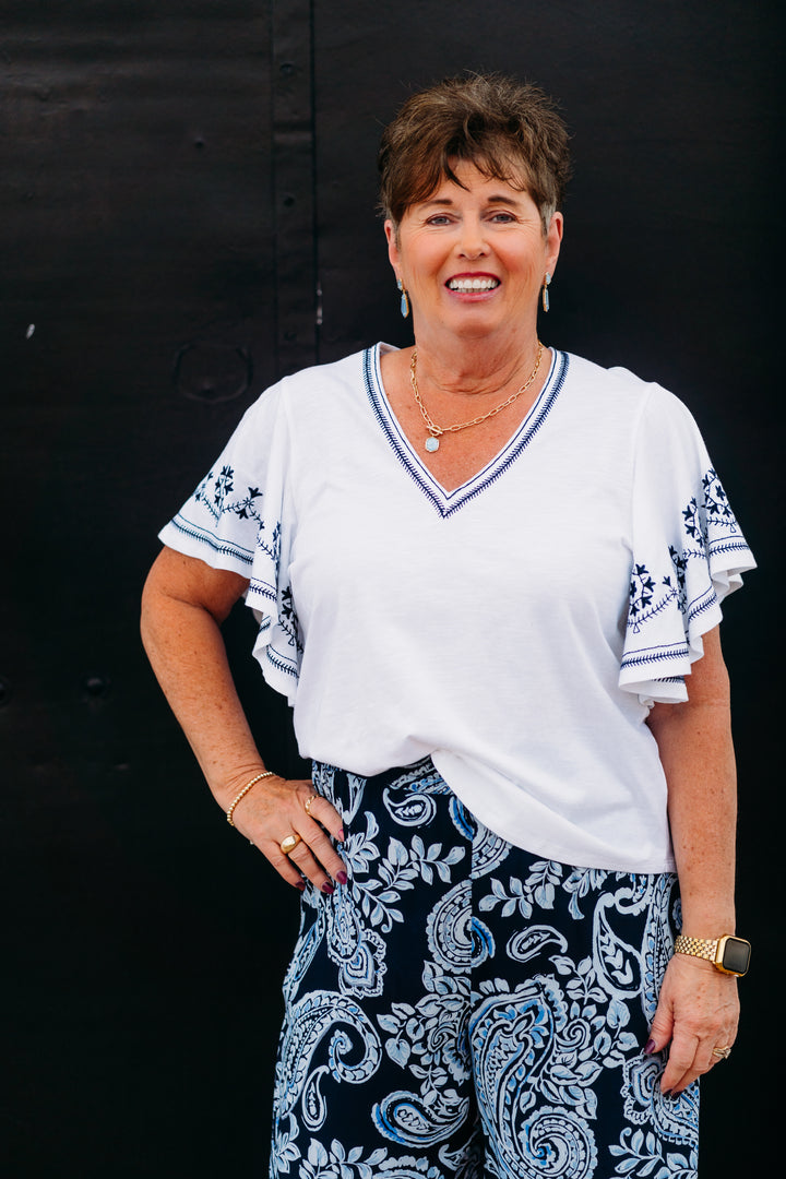 Karen Kane: Embroidered Flutter Sleeve Top in Off White - The Vogue Boutique