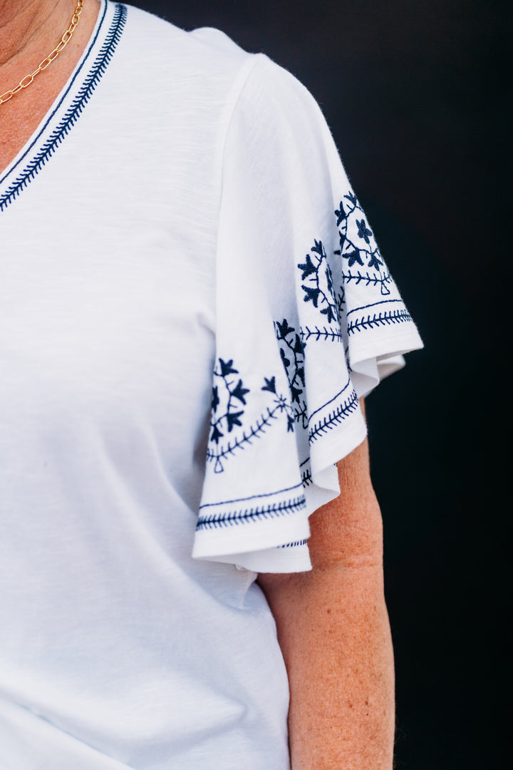 Karen Kane: Embroidered Flutter Sleeve Top in Off White - The Vogue Boutique