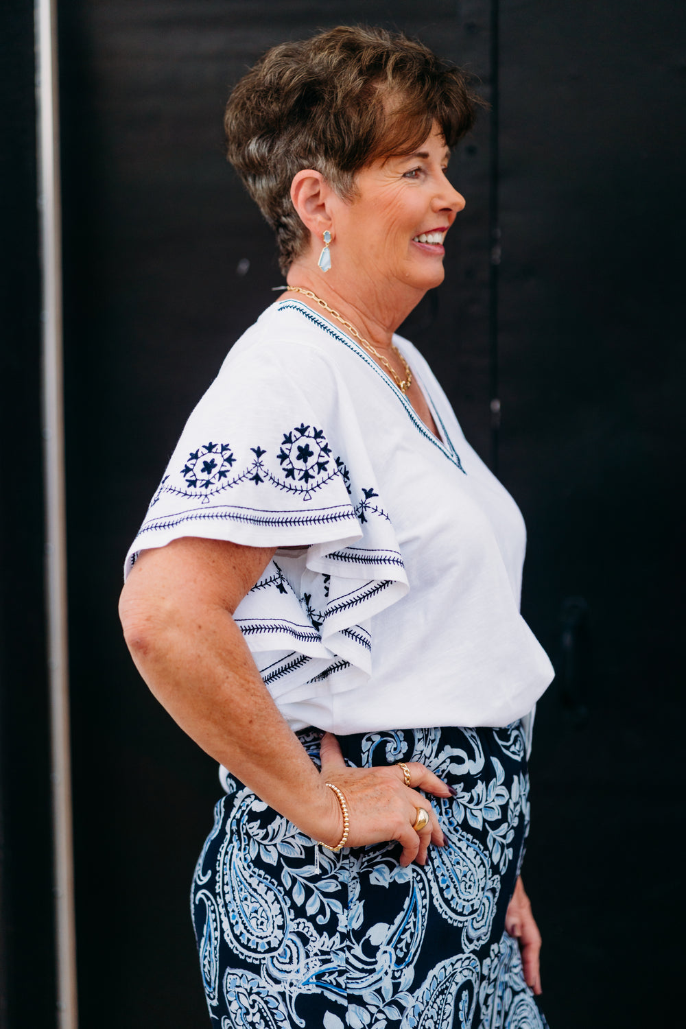 Karen Kane: Embroidered Flutter Sleeve Top in Off White - The Vogue Boutique