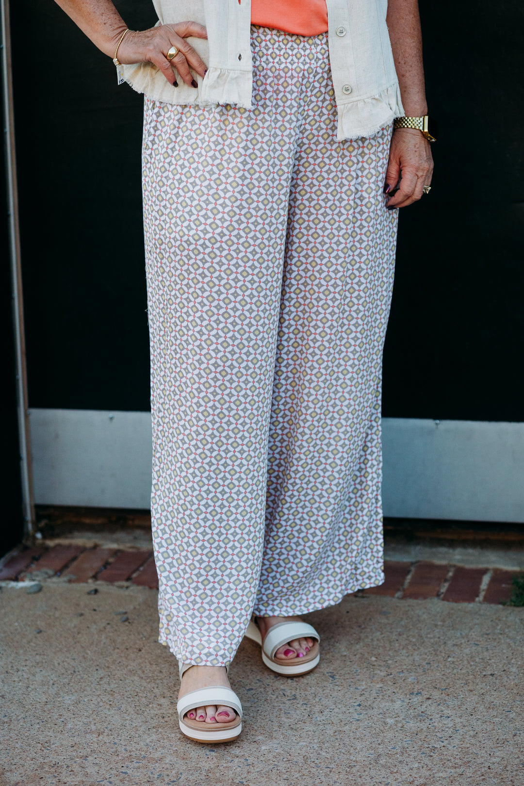 Multiples: (Island Tropics) Elastic Shirred Pant Wide Leg Crop in TILMLT M25707PM - The Vogue Boutique