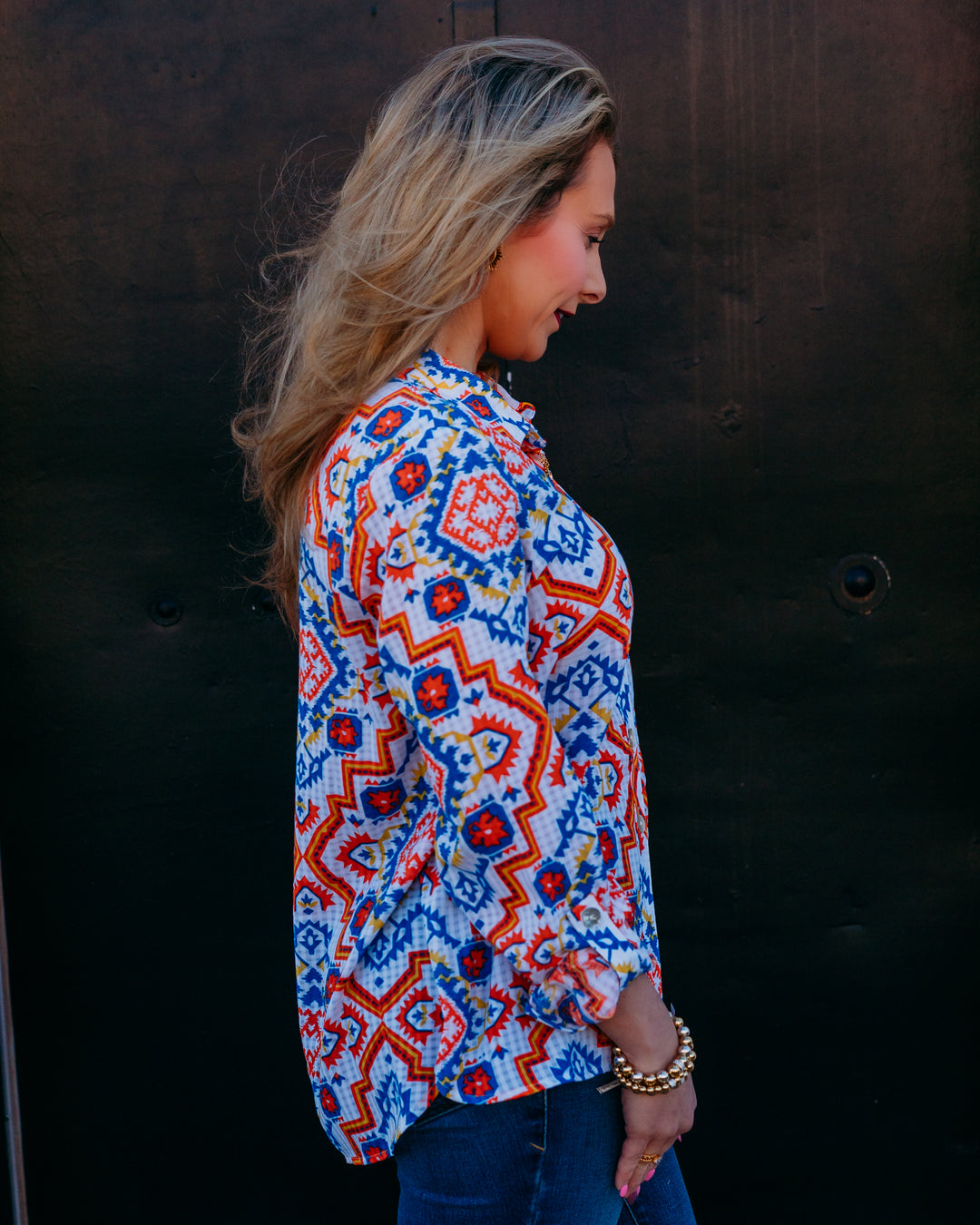 Multiples: 3/4 Puff Sleeve Raglan Button Front Woven Top in Multi (M36302TM)