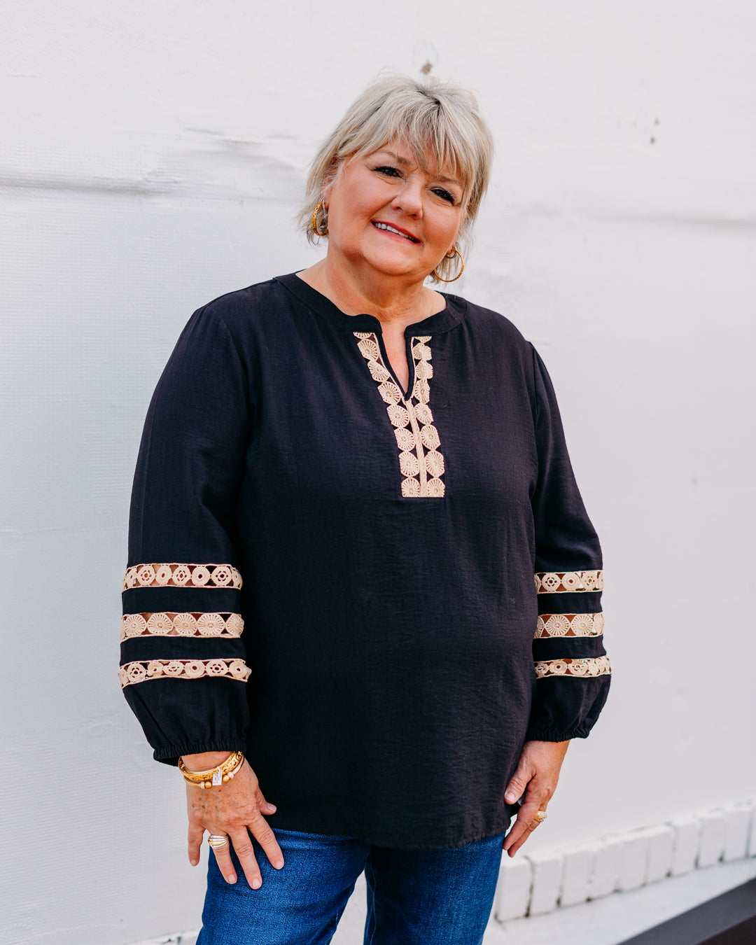 Multiples: (Natural Allure) 3/4 Sleeve Band Top W/ Lace in Black (M35305TM) - The Vogue Boutique