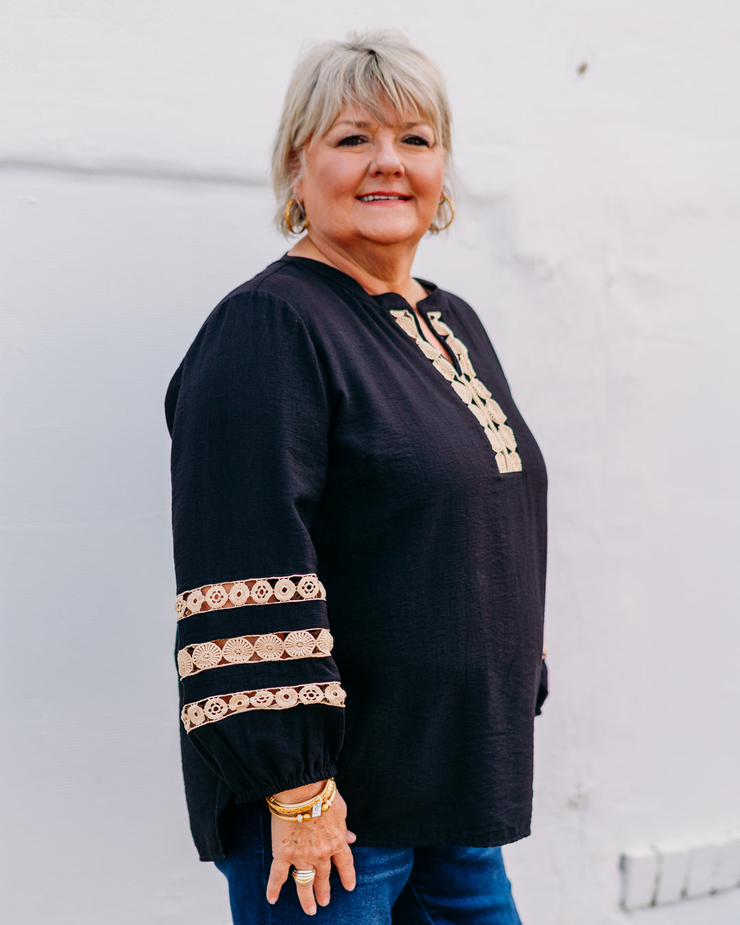 Multiples: (Natural Allure) 3/4 Sleeve Band Top W/ Lace in Black (M35305TM) - The Vogue Boutique