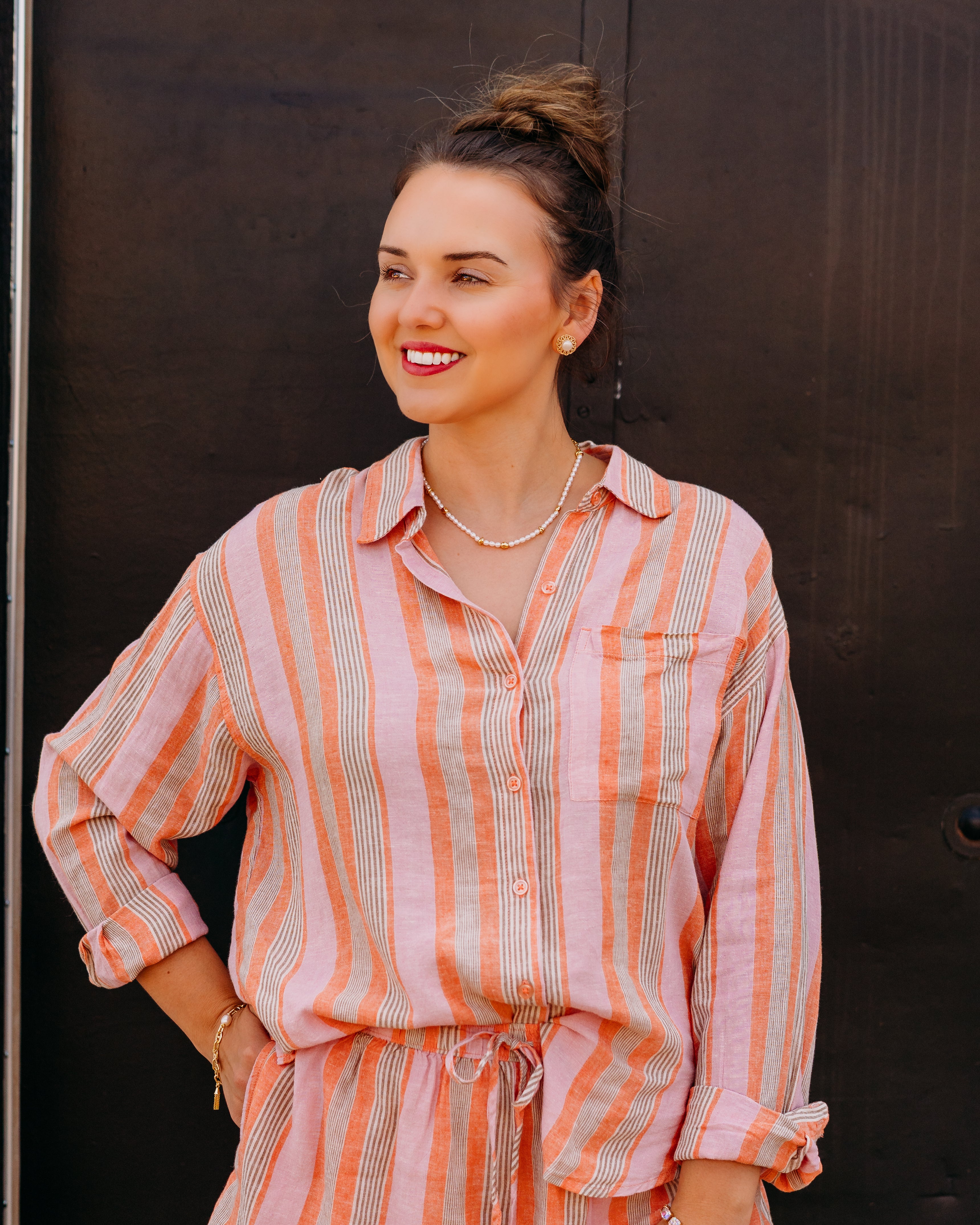 The Perfect Striped Button Up in Tiger Lily - Versatile and