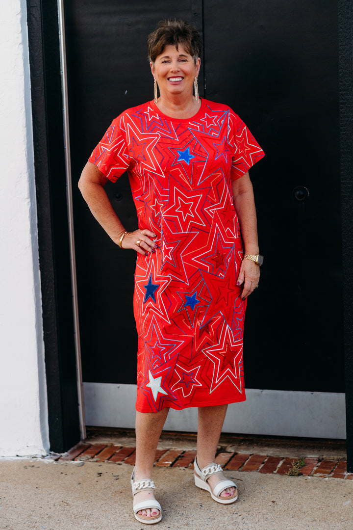 Queen Of Sparkles: Red, White, & Blue Groovy Star Midi Tee Dress