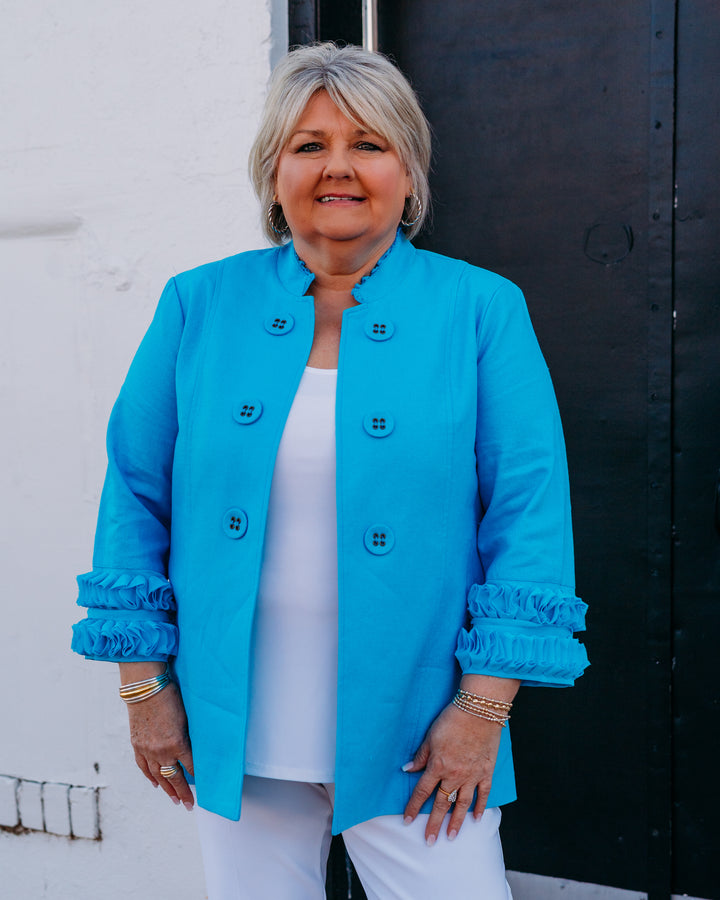 Multiples: 3/4 Sleeve Stand Collar Double Button Jacket (Spring Tide) (M16114JM) - The Vogue Boutique
