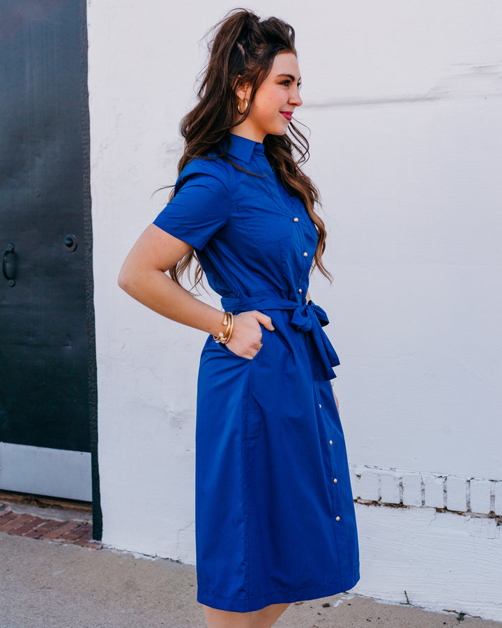 Joy Joy: Pocket Midi Shirtdress Navy (76B8019) - The Vogue Boutique