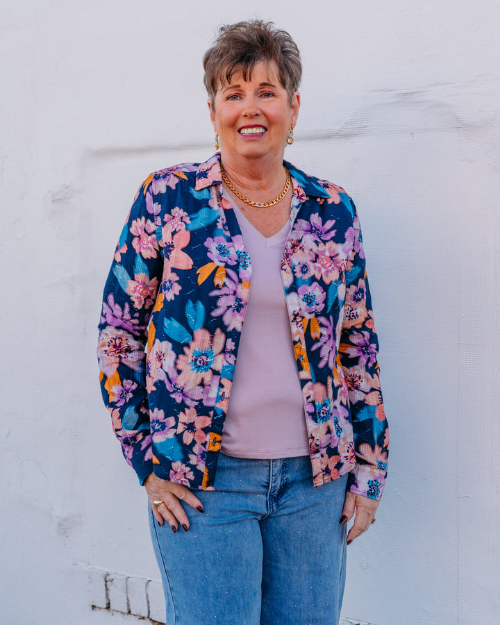 French Dressing Jeans: Long Sleeve Split Neck Shirt in FLO-HYPER FLOR (7548174) - The Vogue Boutique