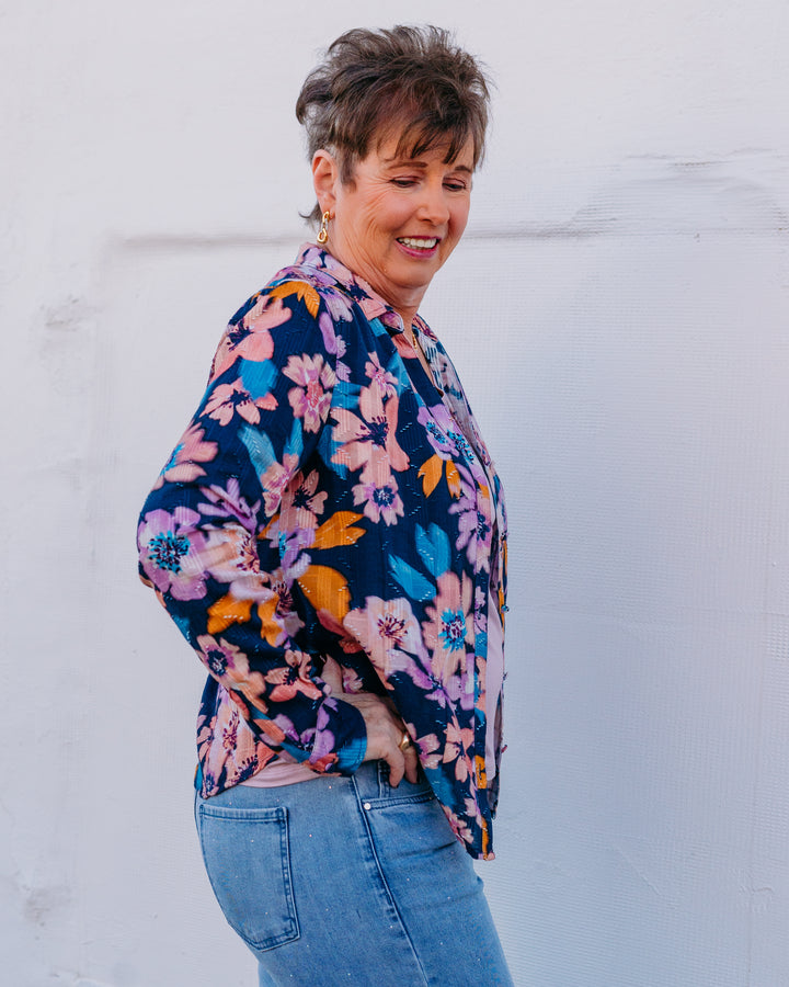 French Dressing Jeans: Long Sleeve Split Neck Shirt in FLO-HYPER FLOR (7548174) - The Vogue Boutique