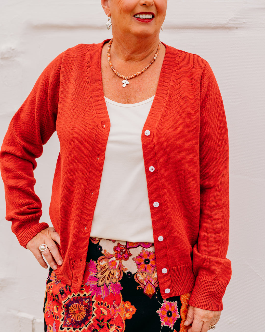 Karen Kane: V-Neck Cardigan Sweater in Tomato - The Vogue Boutique