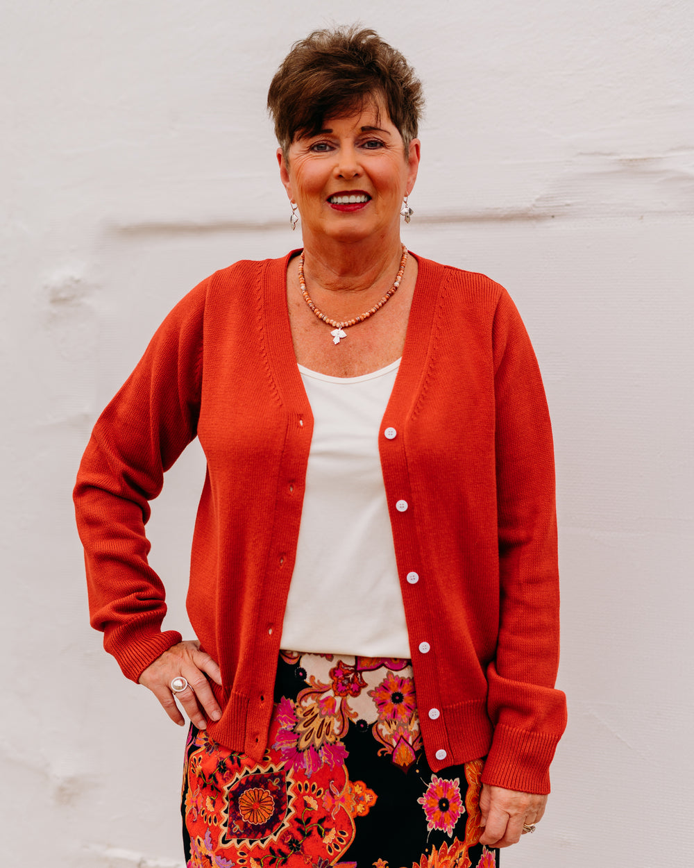 Karen Kane: V-Neck Cardigan Sweater in Tomato - The Vogue Boutique