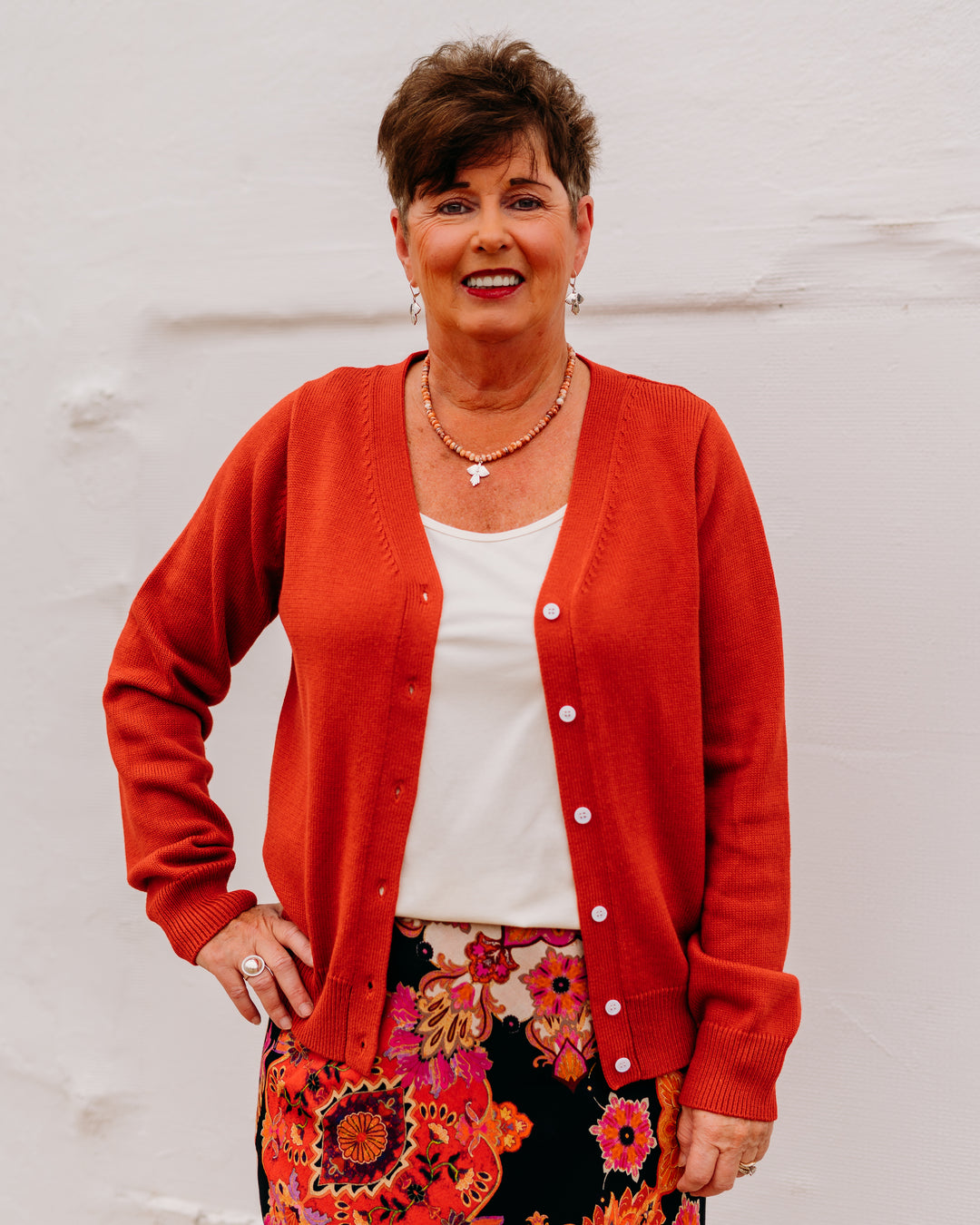 Karen Kane: V-Neck Cardigan Sweater in Tomato - The Vogue Boutique