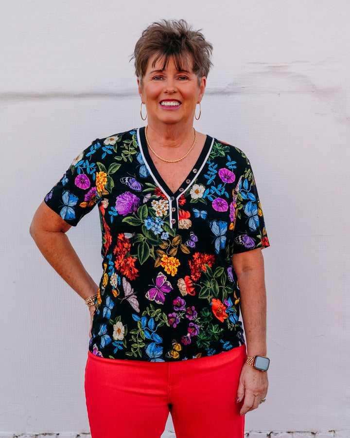 Johnny Was: The Janie Favorite Short Sleeve Henley Tee in Kahlan in Kahlani (T11626A) - The Vogue Boutique