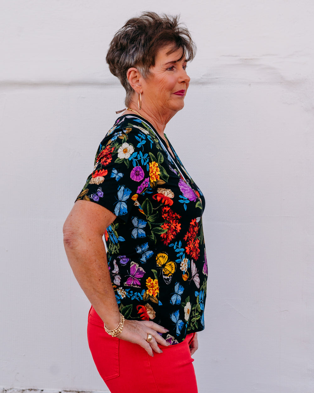Johnny Was: The Janie Favorite Short Sleeve Henley Tee in Kahlan in Kahlani (T11626A) - The Vogue Boutique