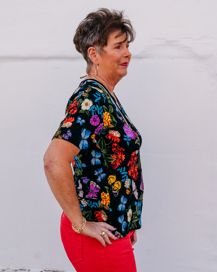 Johnny Was: The Janie Favorite Short Sleeve Henley Tee in Kahlan in Kahlani (T11626A) - The Vogue Boutique