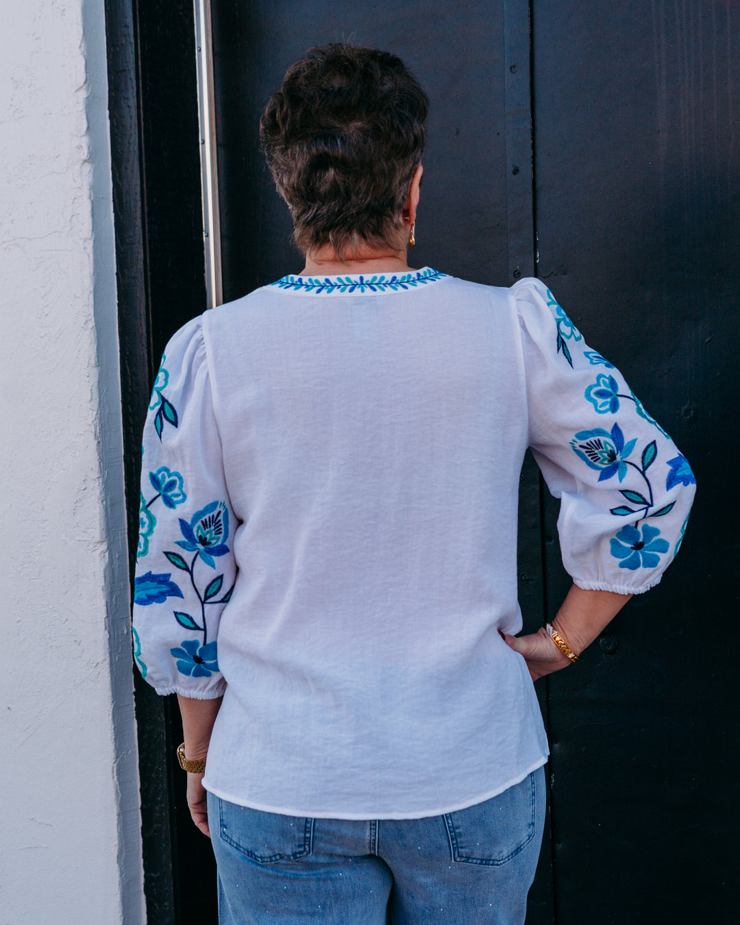 Multiples: 3/4 Puff Sleeve Notch Neck Embroidered Top (Spring Tide) (M16307) - The Vogue Boutique