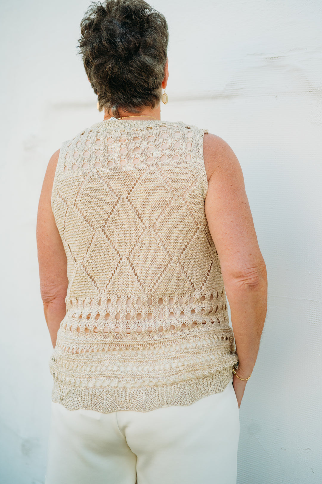 Esqualo: Fancy Open Knit Lurex Tank in Light Sand 02206 - The Vogue Boutique