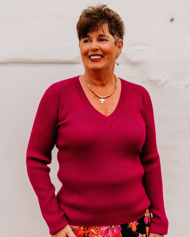 Karen Kane: Ribbed V-Neck Sweater in Magenta - The Vogue Boutique
