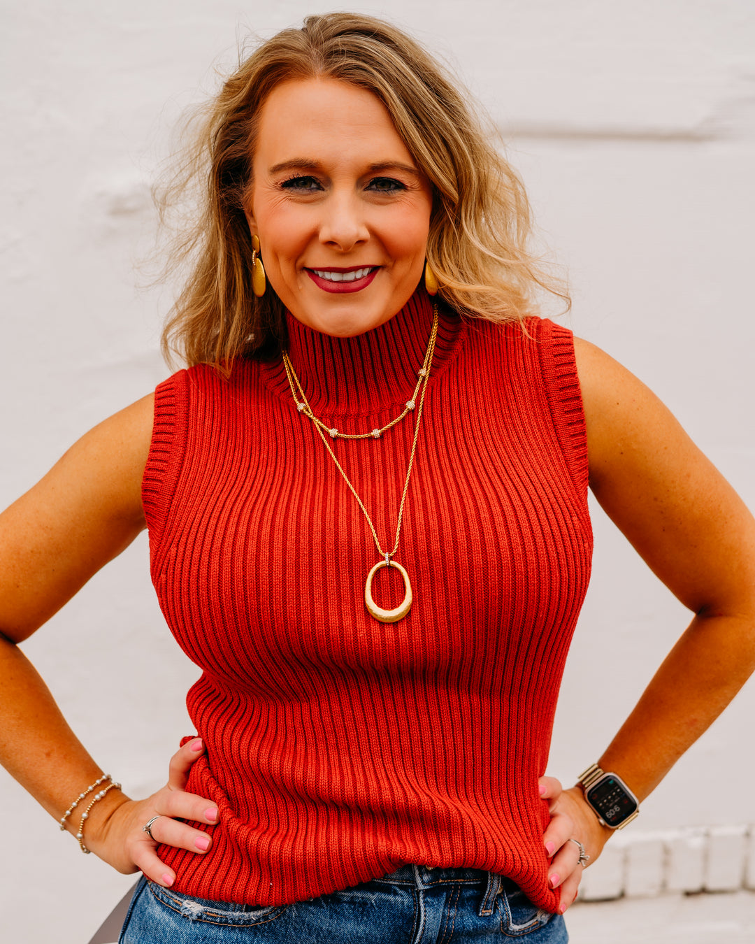 Karen Kane: Ribbed Turtleneck Sweater Tank in Tomato - The Vogue Boutique