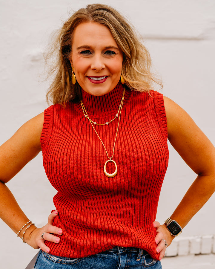 Karen Kane: Ribbed Turtleneck Sweater Tank in Tomato - The Vogue Boutique