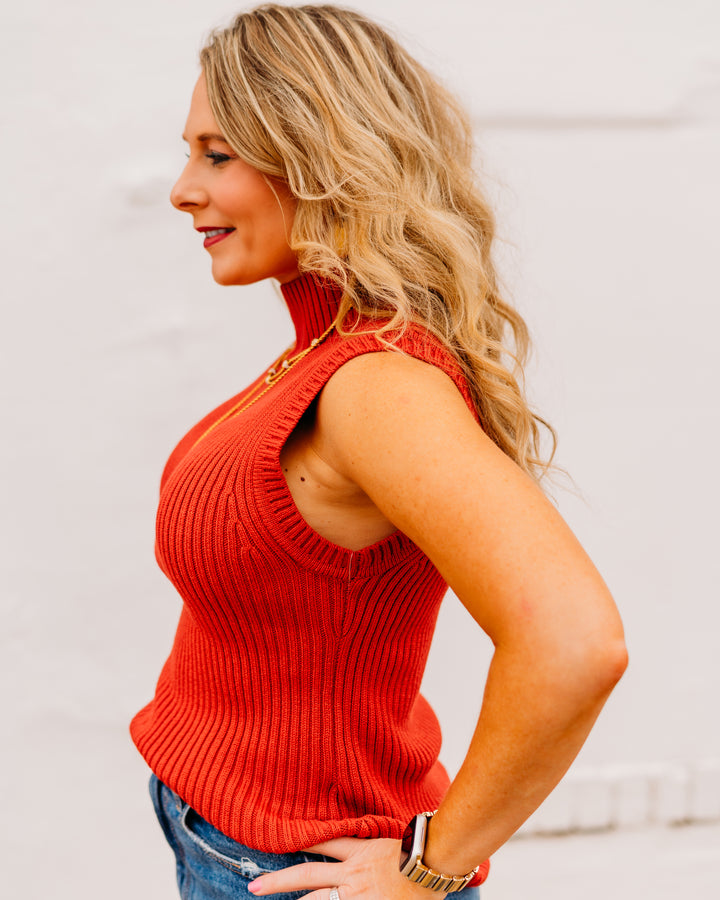 Karen Kane: Ribbed Turtleneck Sweater Tank in Tomato - The Vogue Boutique