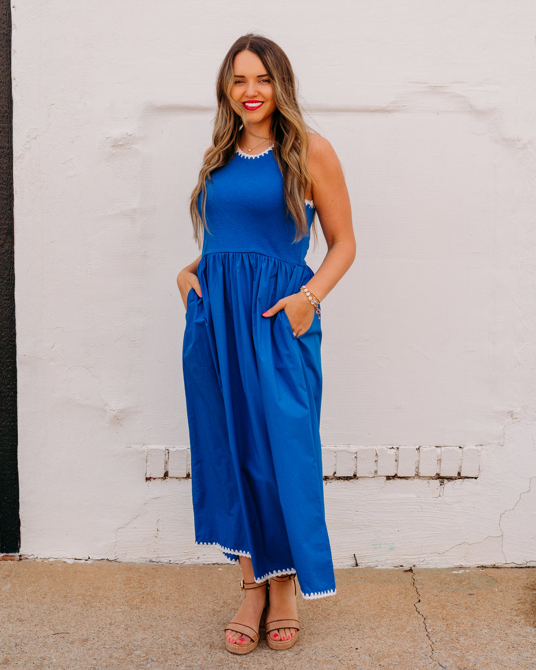 Karen Kane Sleeveless Edge Stitch Contrast Midi Dress - Blue