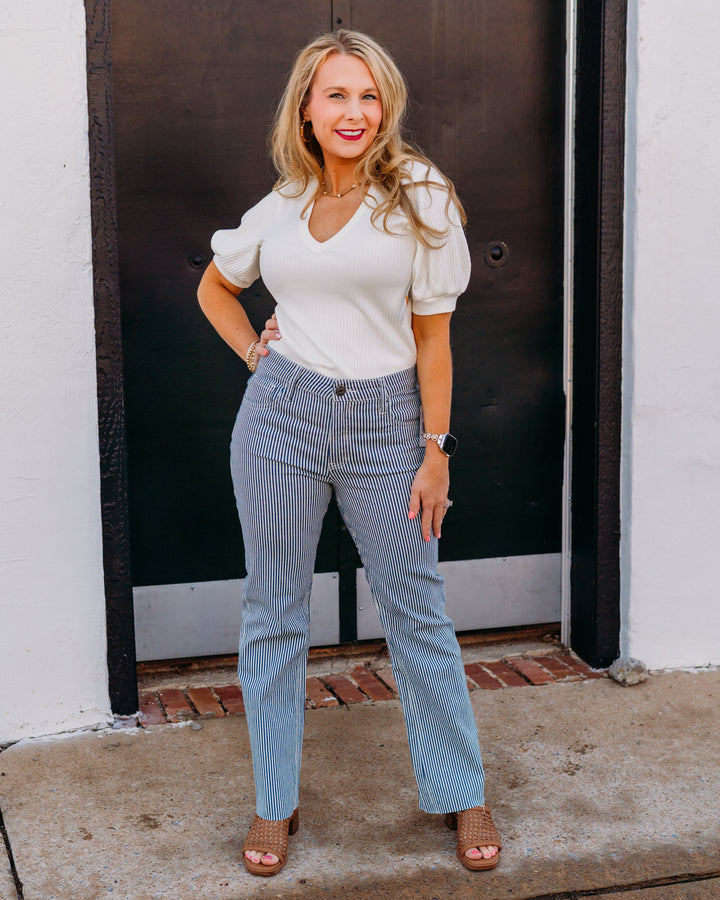 Karen Kane: Ribbed Short Sleeve Top in Cream (2L44208) - The Vogue Boutique