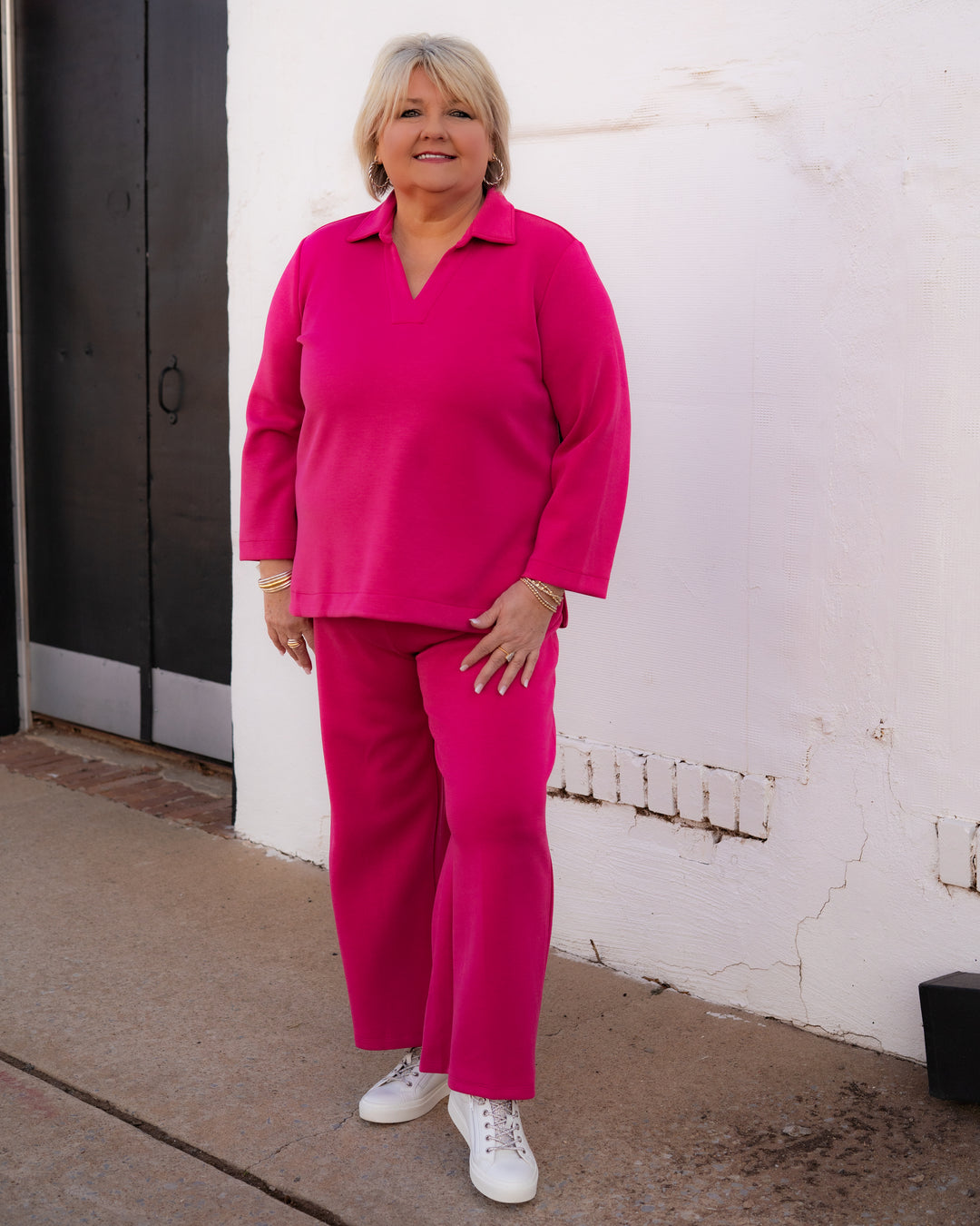 Multiples: 3/4 Sleeve Johnny Collar V-Neck Top (Candy Pink) (M16723TM) - The Vogue Boutique