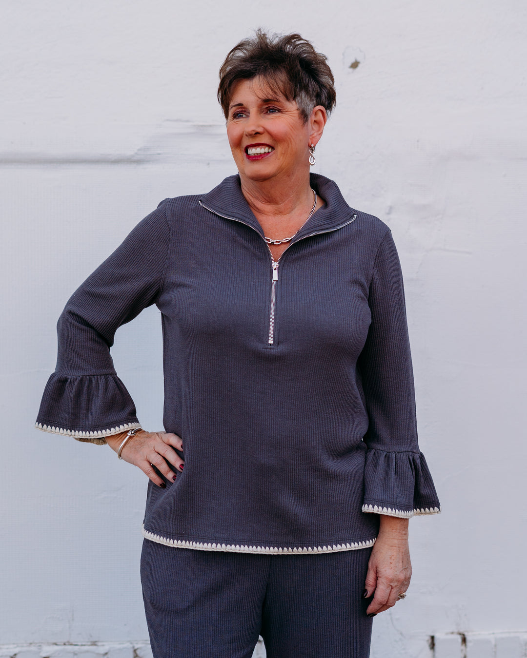 Multiples: (Snow Leopard) 3/4 Sleeve Half Zip Rib Knit Top M45510TM - The Vogue Boutique