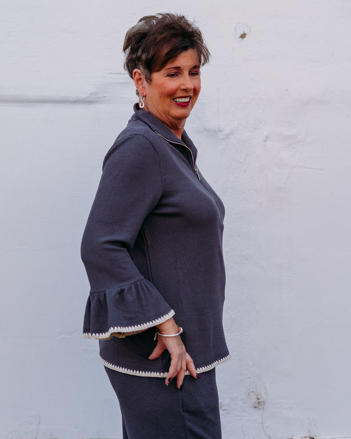 Multiples: (Snow Leopard) 3/4 Sleeve Half Zip Rib Knit Top M45510TM - The Vogue Boutique