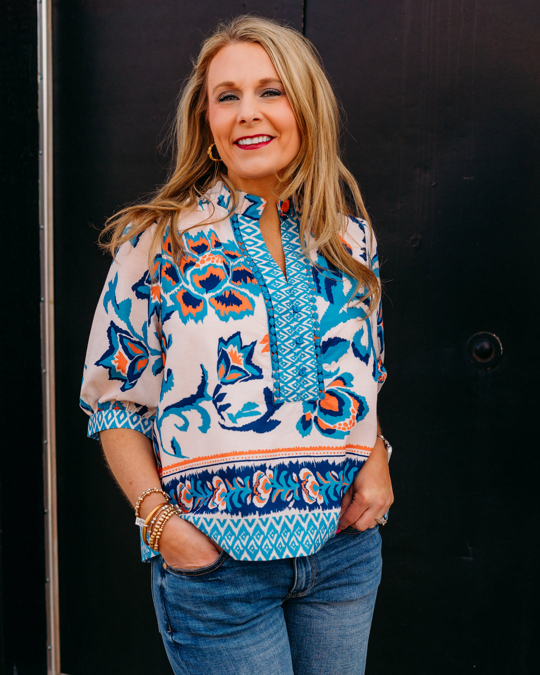 Joy Joy: Trimmed Top in Aegean Flora (76B7428-3) - The Vogue Boutique