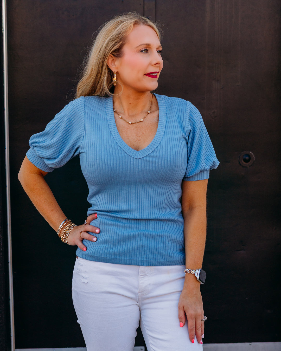 Karen Kane: Ribbed Short Sleeve Top in Chambray (2L44208) - The Vogue Boutique