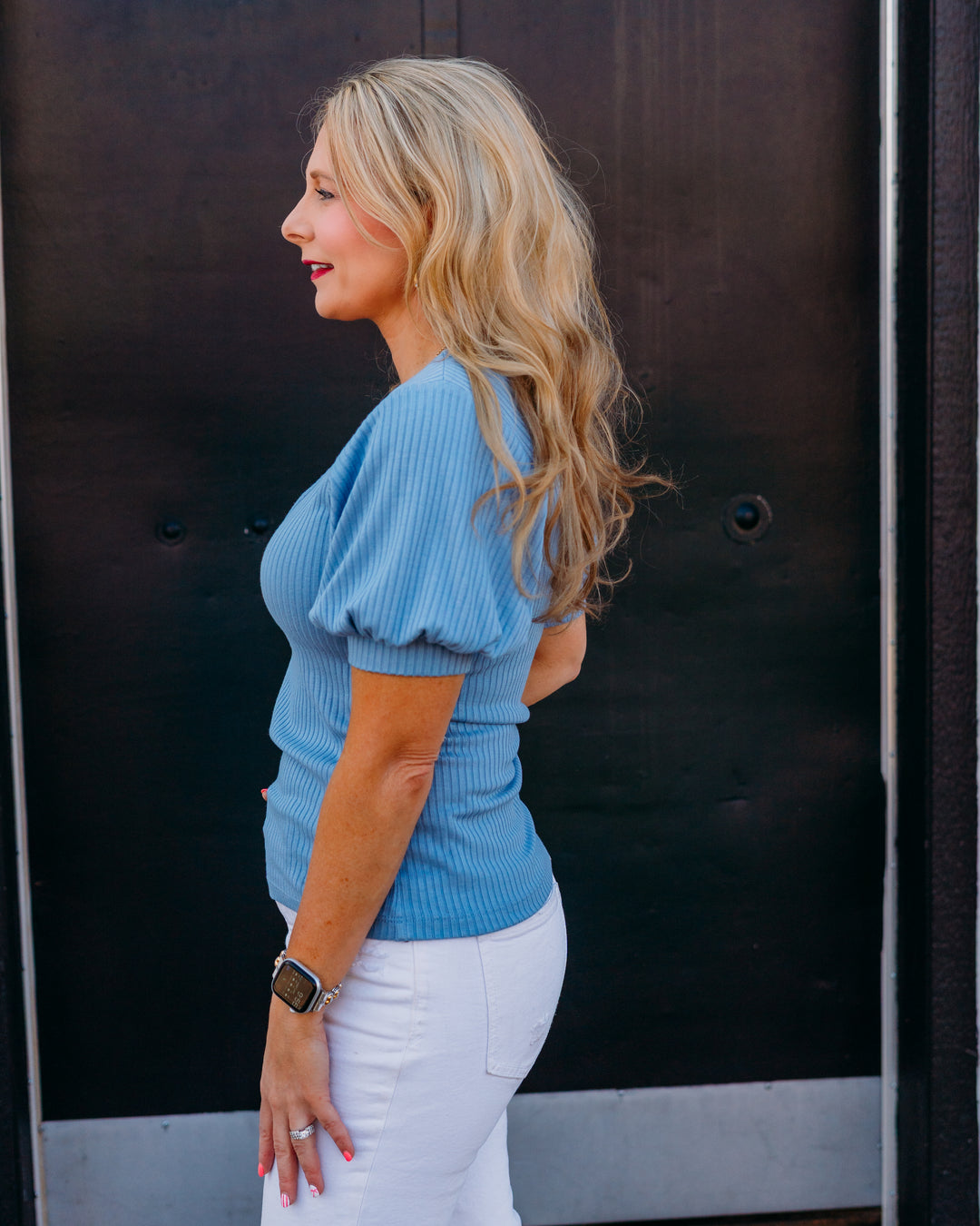 Karen Kane: Ribbed Short Sleeve Top in Chambray (2L44208) - The Vogue Boutique