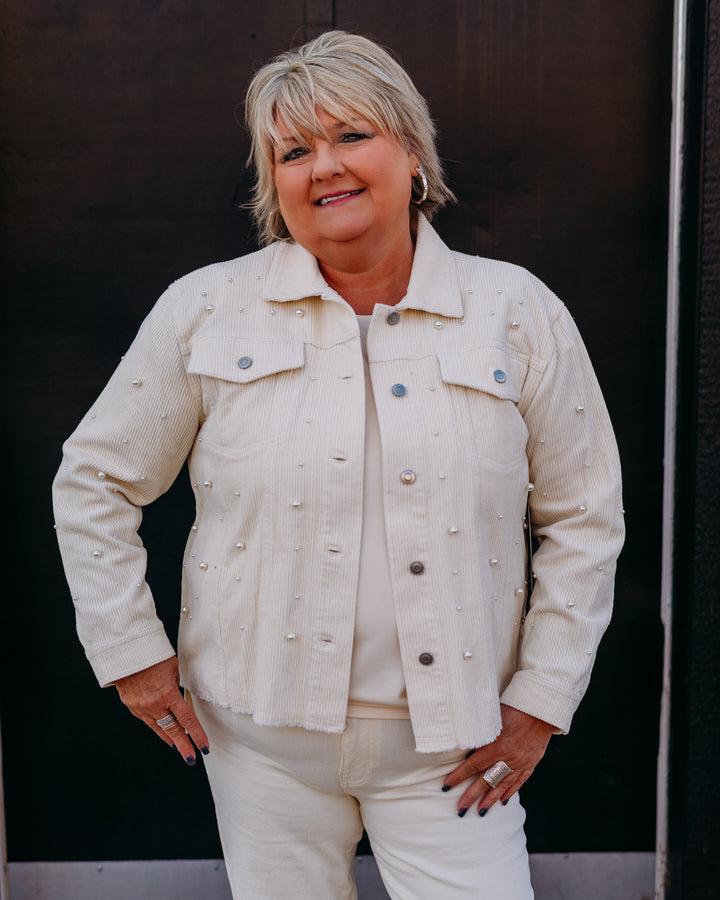 Multiples: (Snow Leopard) Pearl Frayed Hem Cord Jacket in Cotton M45503JM - The Vogue Boutique
