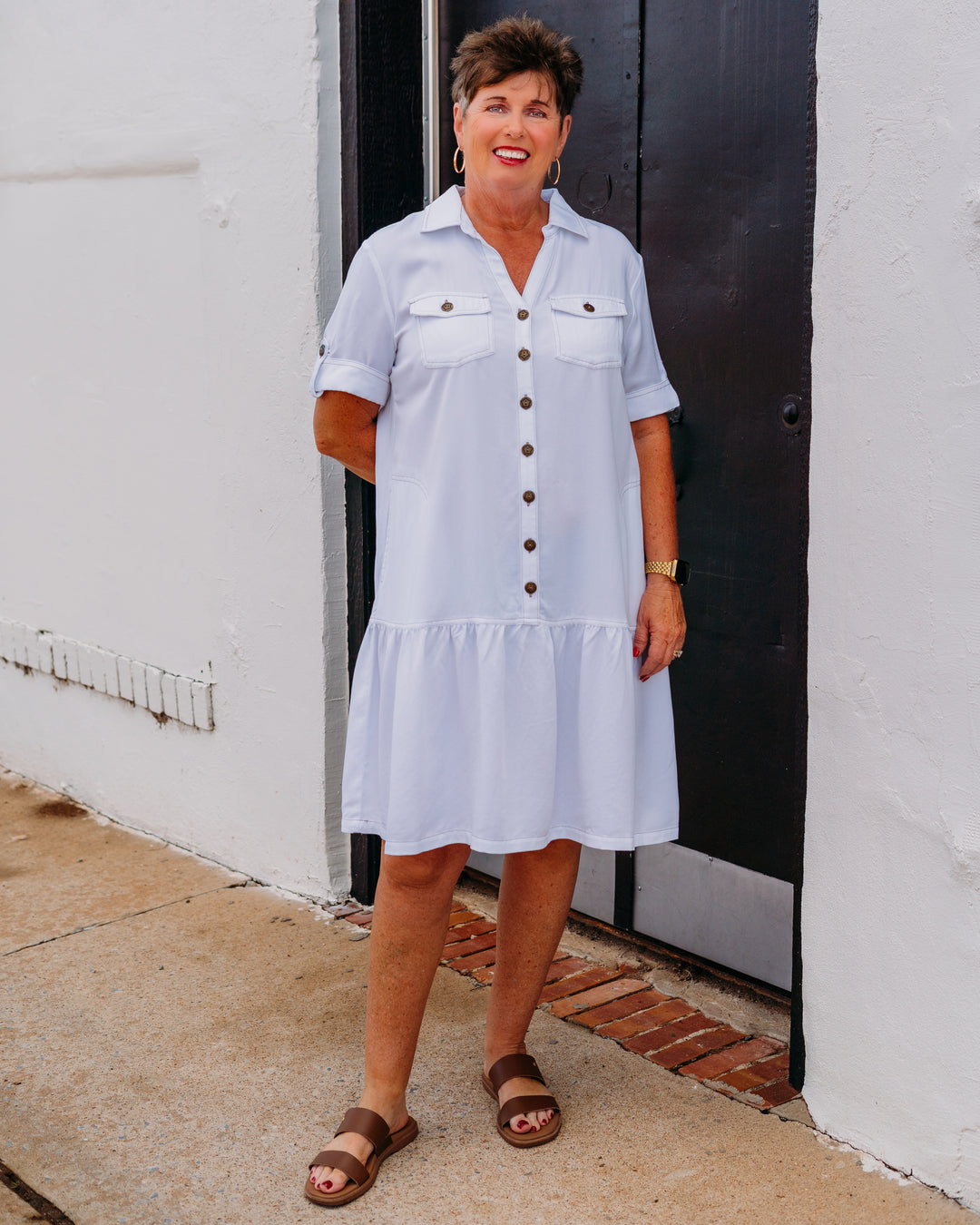 Multiples: Twill & Denim Dress with Flounce Hem in White (M26307DM) - The Vogue Boutique