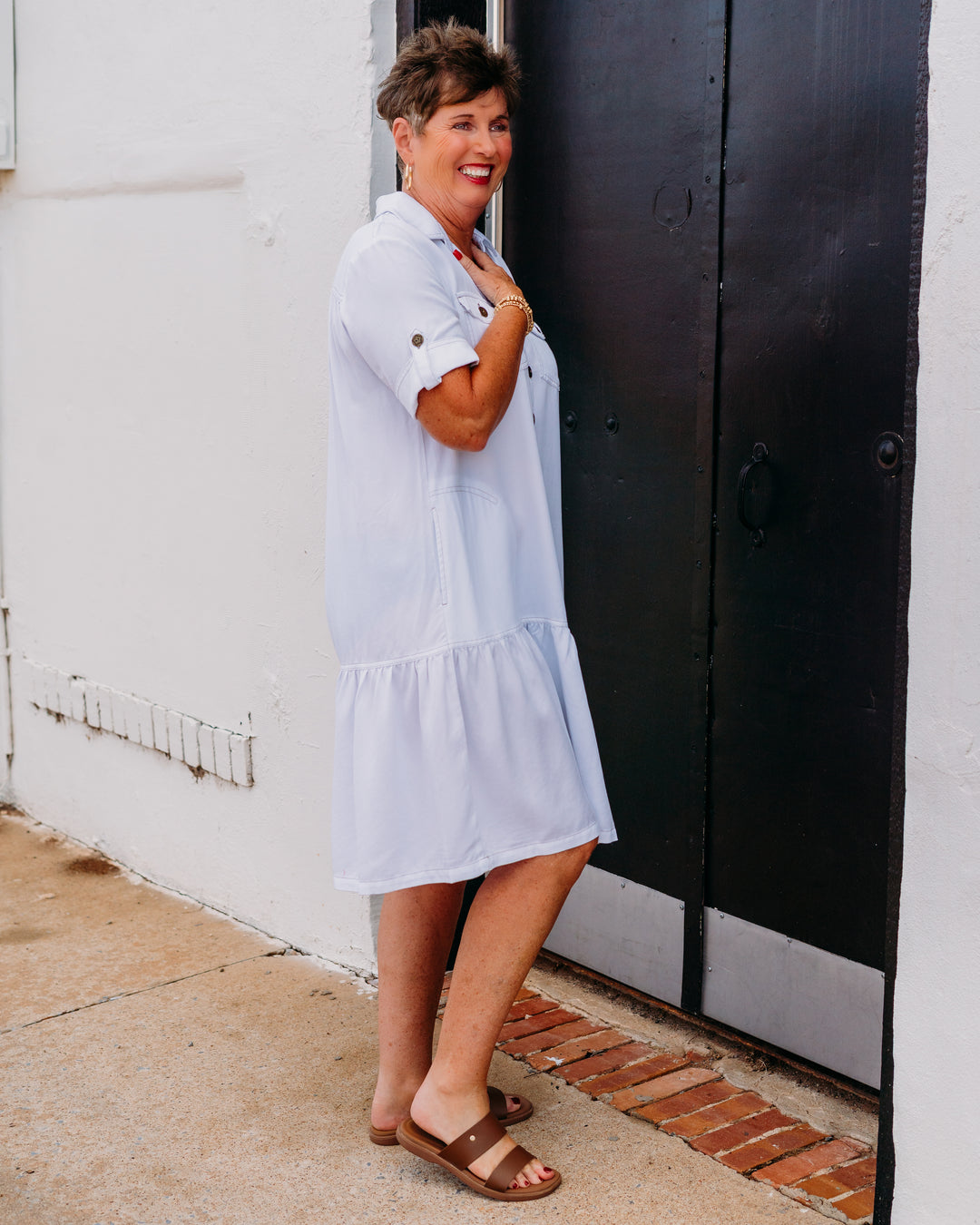 Multiples: Twill & Denim Dress with Flounce Hem in White (M26307DM) - The Vogue Boutique